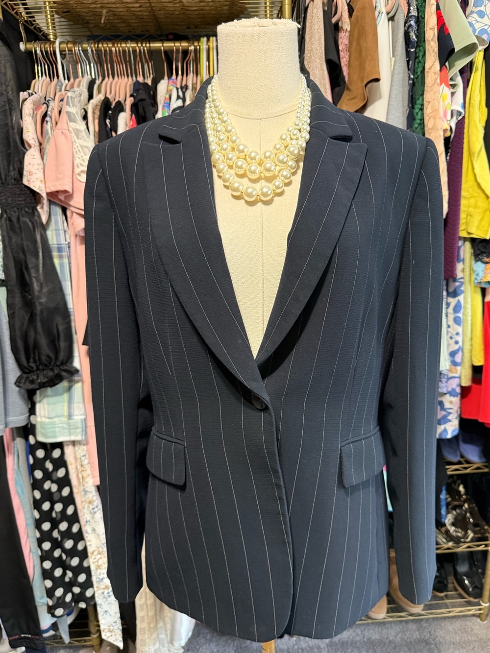 Tahari by Arthur S Levine Black Pinstripe Single-Button Career Blazer Jacket